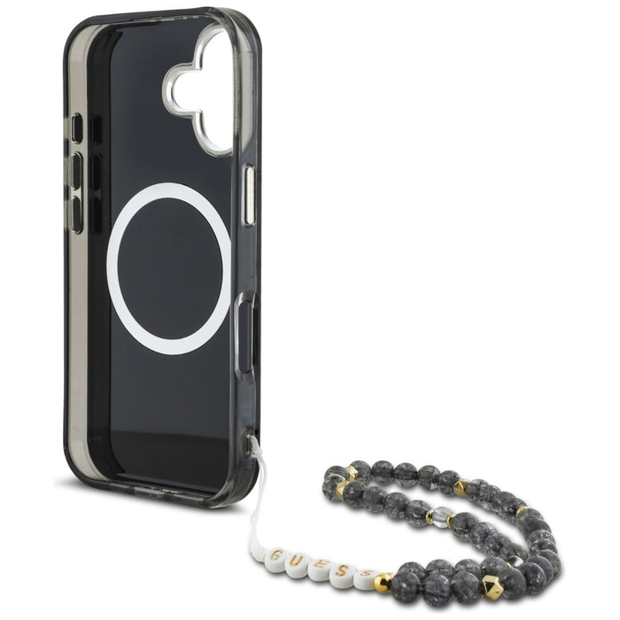 Guess Palm Trees Triangle Pearl Strap MagSafe case for iPhone 16 black