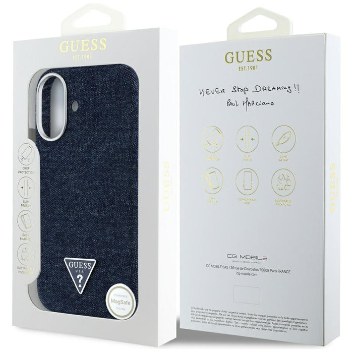 Guess Denim Triangle Logo MagSafe iPhone 16 Case - Blue