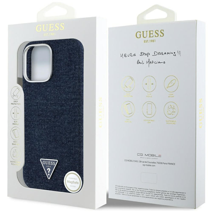 Guess Denim Triangle Logo MagSafe iPhone 16 Pro Max Case - Blue