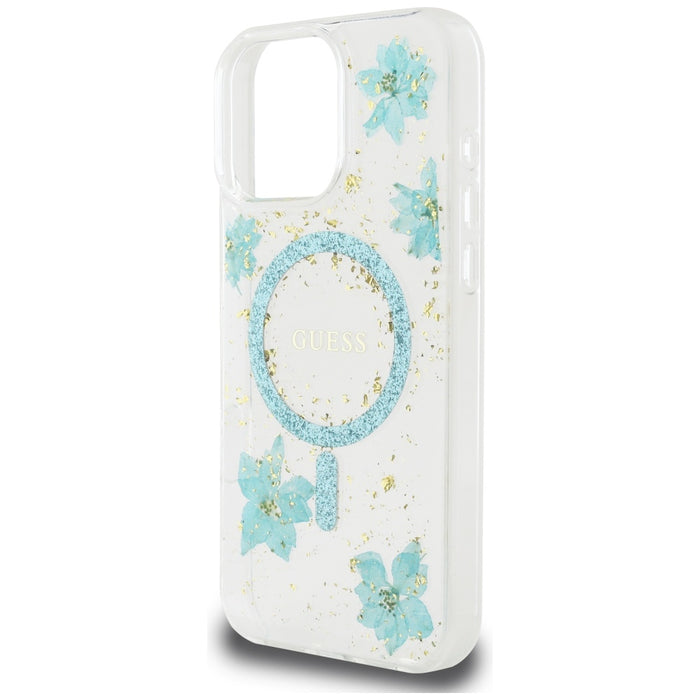 Guess Resin Flowers Glitter MagSafe iPhone 16 Pro Case - Clear Green