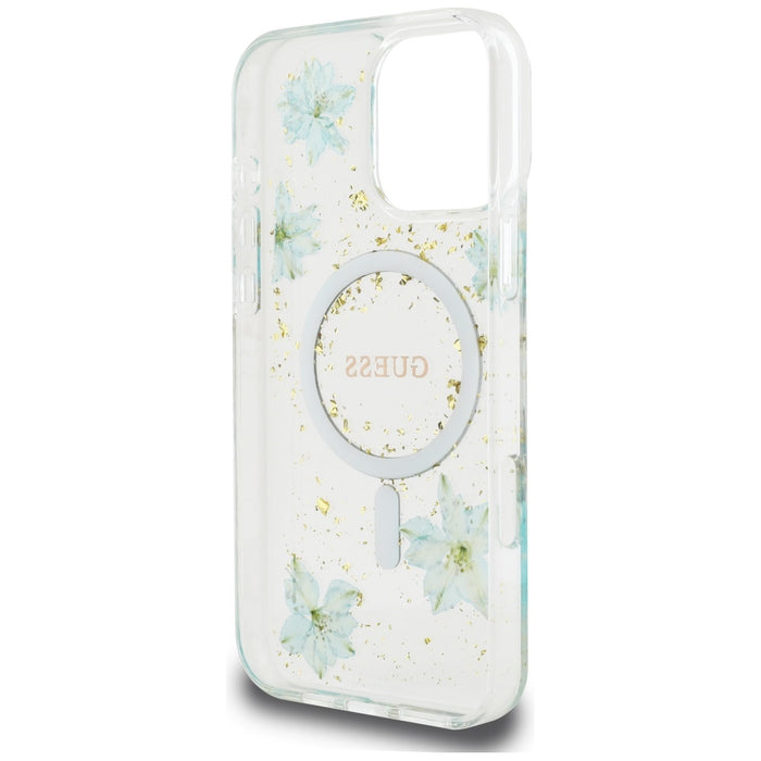 Guess Resin Flowers Glitter MagSafe iPhone 16 Pro Case - Clear Green