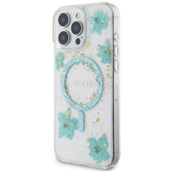 Guess Resin Flowers Glitter MagSafe iPhone 16 Pro Case - Clear Green