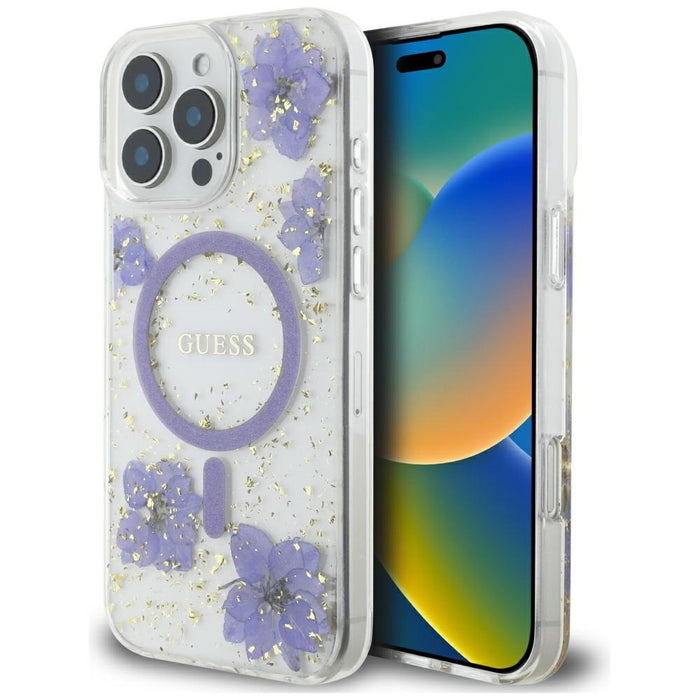 Guess Resin Flowers MagSafe case for iPhone 16 Pro - purple