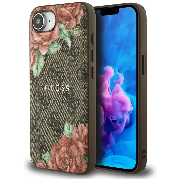 Guess 4G Flowers Print MagSafe case for iPhone 16e - brown