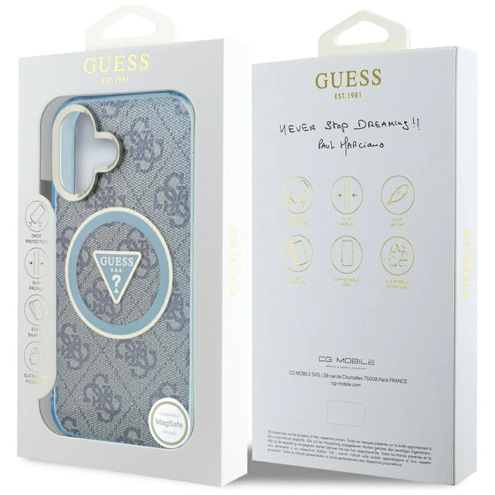 Guess IML Metal Glitter 4G Circle Triangle MagSafe Case for iPhone 16 - Blue