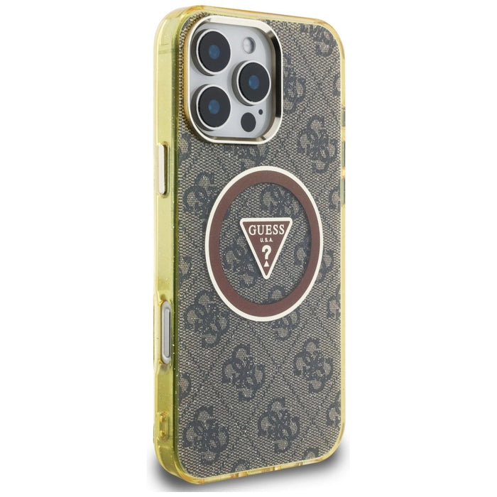 Guess IML Metal Glitter 4G Circle Triangle MagSafe Case for iPhone 16 Pro Max - Brown