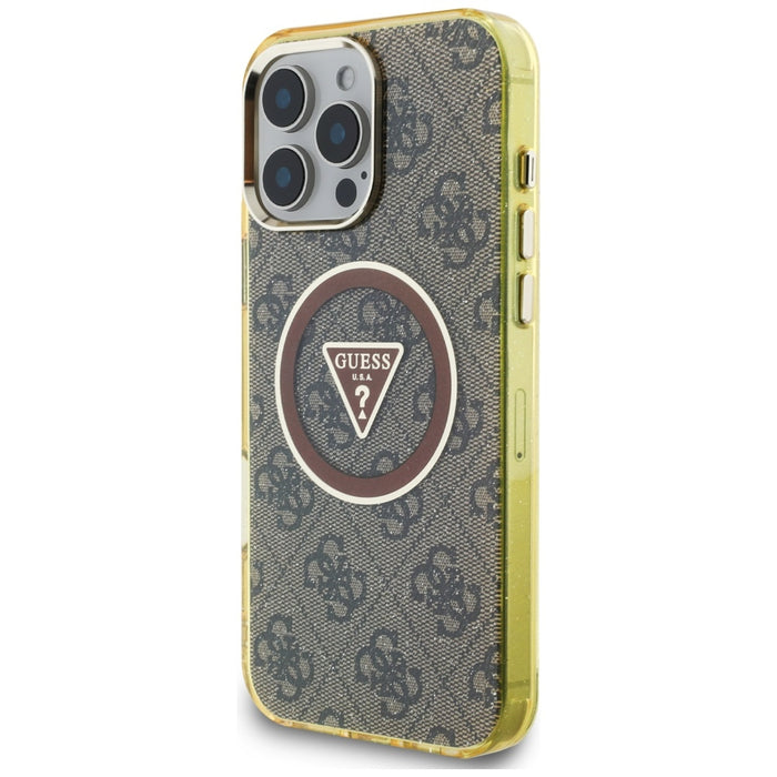 Guess IML Metal Glitter 4G Circle Triangle MagSafe Case for iPhone 16 Pro Max - Brown