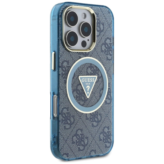 Guess IML Metal Glitter 4G Circle Triangle MagSafe Case for iPhone 16 Pro Max - Blue