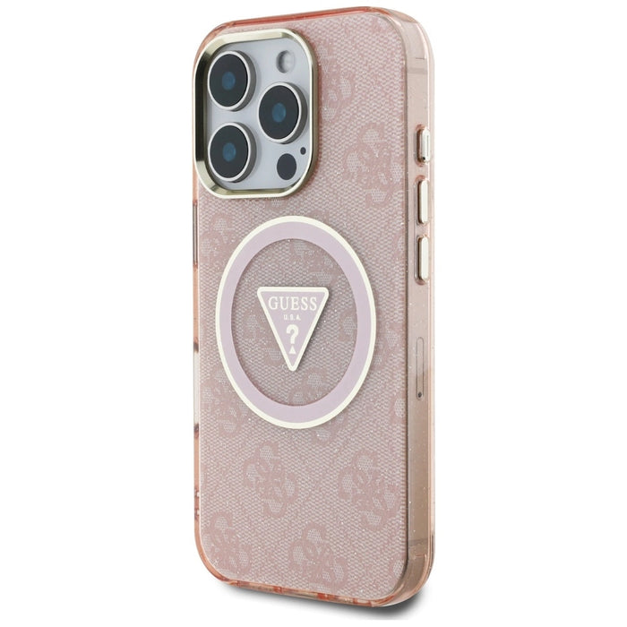 Guess IML Metal Glitter 4G Circle Triangle MagSafe Case for iPhone 16 Pro Max - Pink