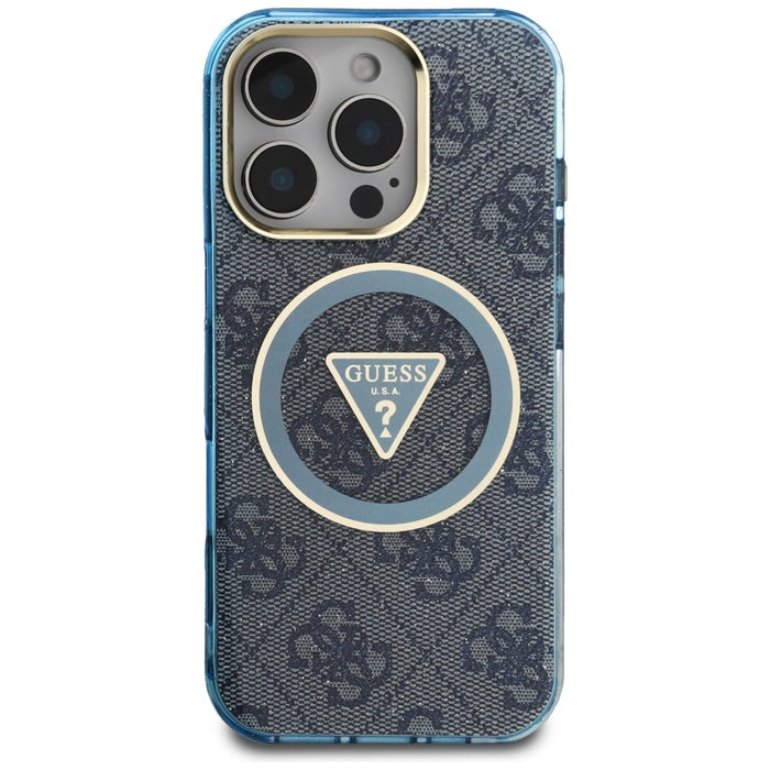 Guess IML Metal Glitter 4G Circle Triangle MagSafe Case for iPhone 16 Pro - Blue