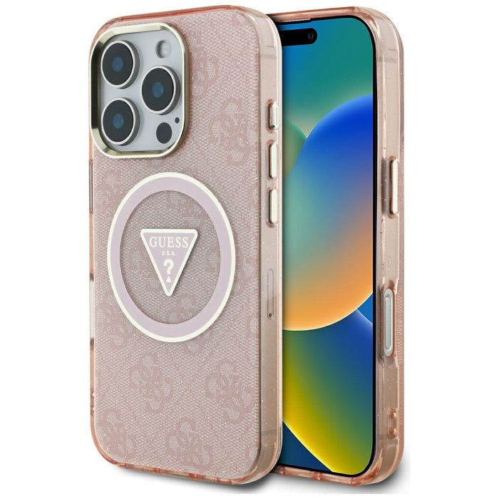 Guess IML Metal Glitter 4G Circle Triangle MagSafe Case for iPhone 16 Pro - Pink