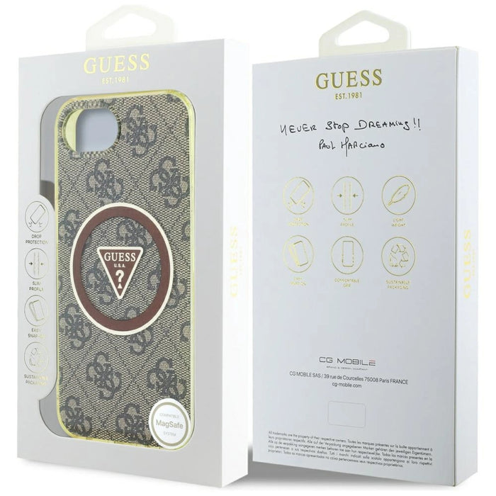 Guess IML Metal Glitter 4G Circle Triangle MagSafe case for iPhone 16e - brown