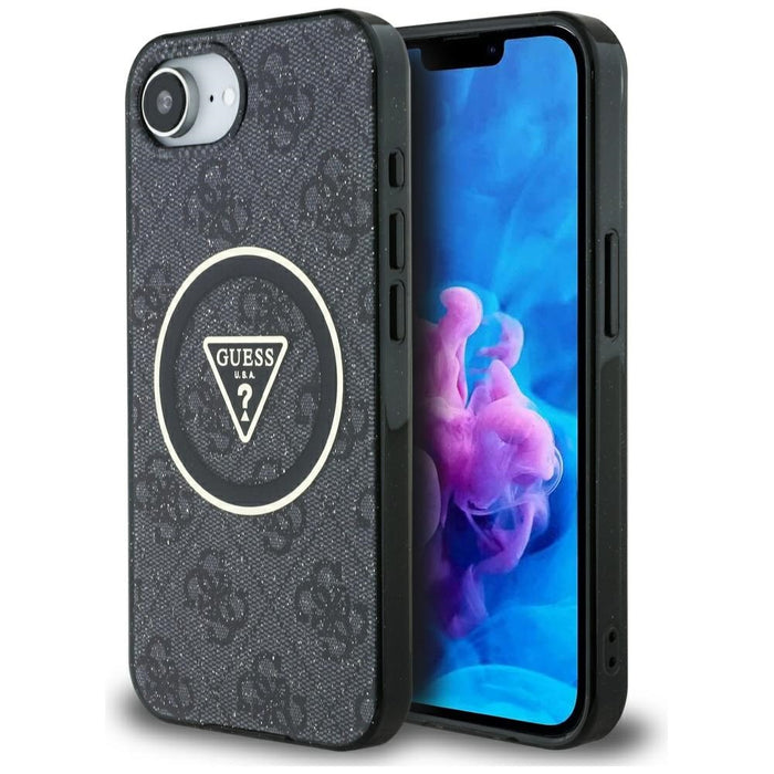 Guess IML Metal Glitter 4G Circle Triangle MagSafe Case for iPhone 16e - Black