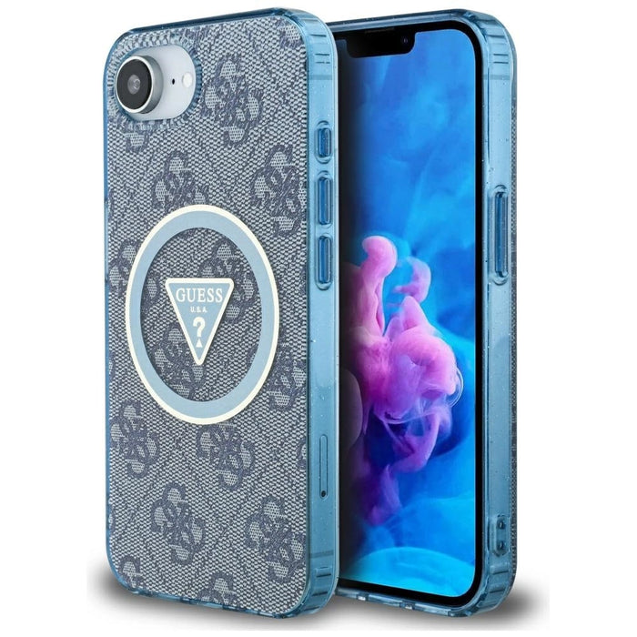 Guess IML Metal Glitter 4G Circle Triangle MagSafe Case for iPhone 16e - Blue