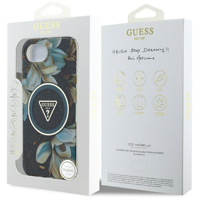 Guess IML Metal Glitter Flowers Triangle MagSafe case for iPhone 16e - black