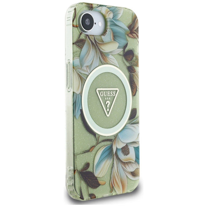 Guess IML Metal Glitter Flowers Triangle MagSafe iPhone 16e Case - Green