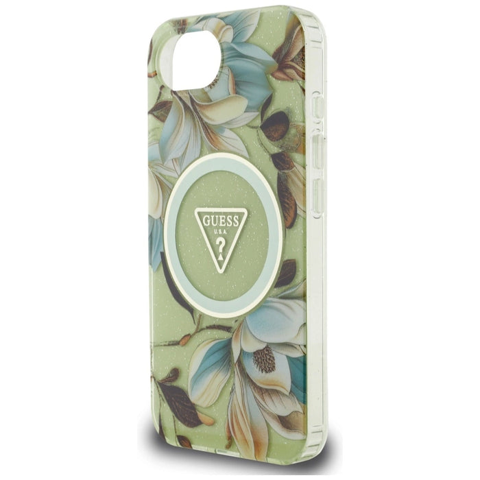 Guess IML Metal Glitter Flowers Triangle MagSafe iPhone 16e Case - Green
