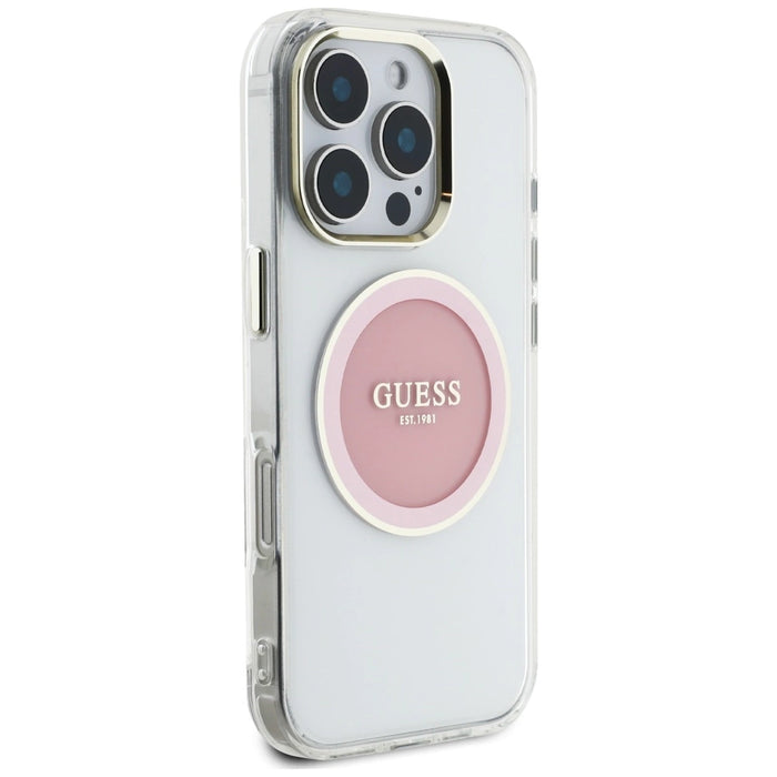 Guess IML Metal Colored Circle Classic Logo MagSafe iPhone 16 Pro Case - Pink