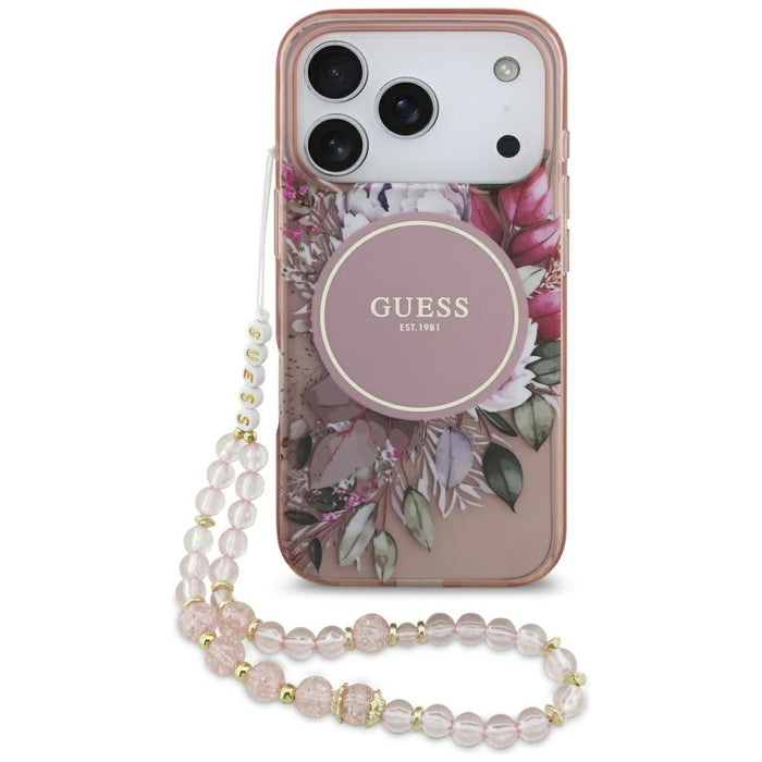 Guess IML Flowers Pearl Strap MagSafe Case for iPhone 17 Pro - Pink