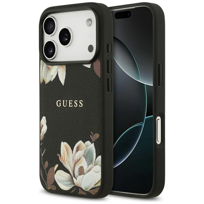 Guess Grained Flowers Classic Logo MagSafe case for iPhone 17 Pro - black