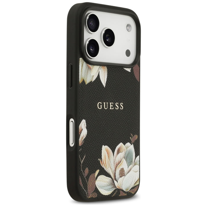 Guess Grained Flowers Classic Logo MagSafe case for iPhone 17 Pro - black