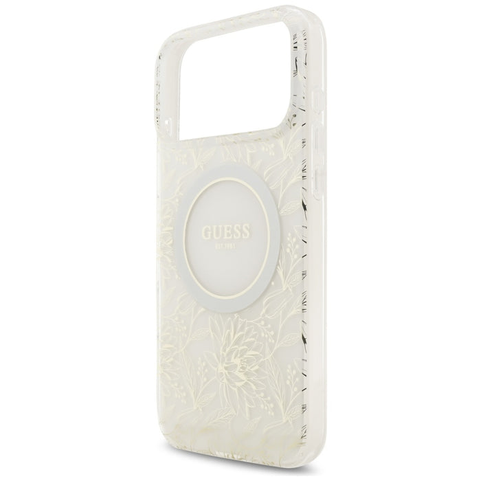 Guess IML Flowers Electro Pearl Strap MagSafe Case for iPhone 17 Pro Max - White