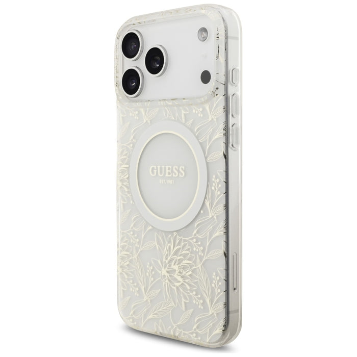 Guess IML Flowers Electro Pearl Strap MagSafe Case for iPhone 17 Pro Max - White