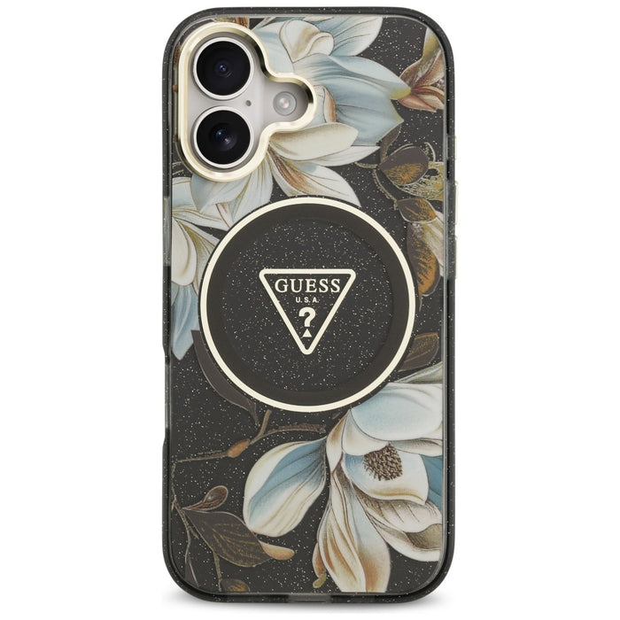 Guess IML Glitter Flowers Triangle MagSafe case for iPhone 17 - black