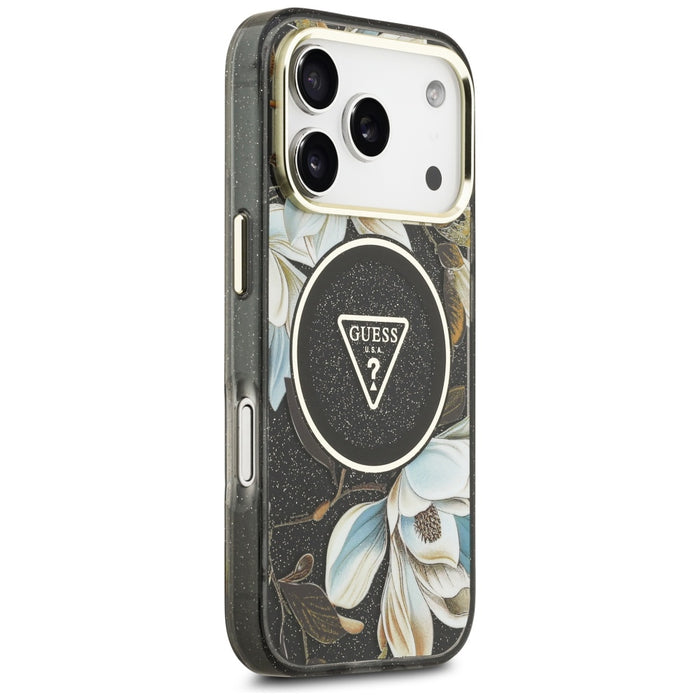 Guess IML Glitter Flowers Triangle MagSafe case for iPhone 17 Pro - black