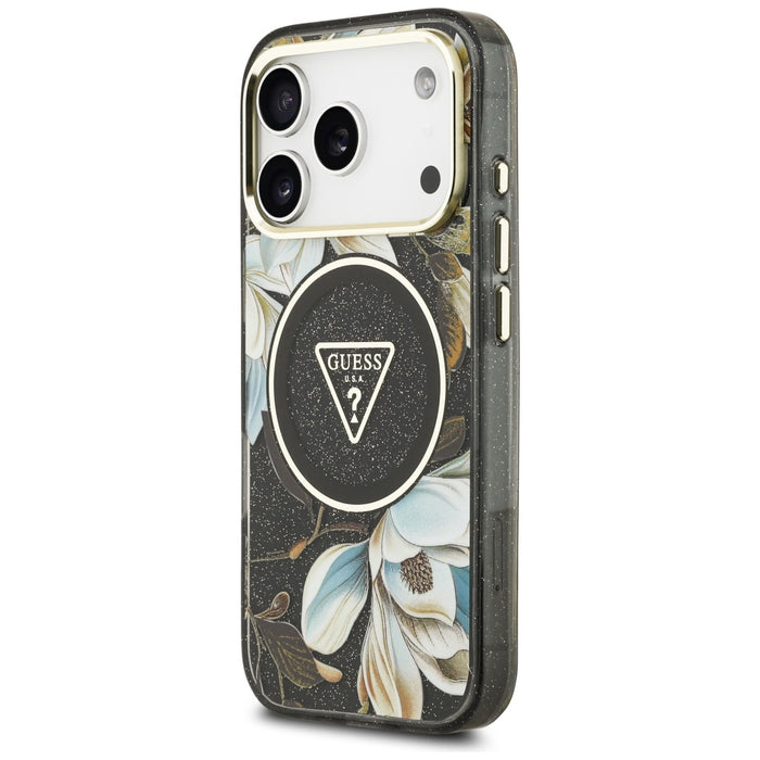 Guess IML Glitter Flowers Triangle MagSafe case for iPhone 17 Pro - black