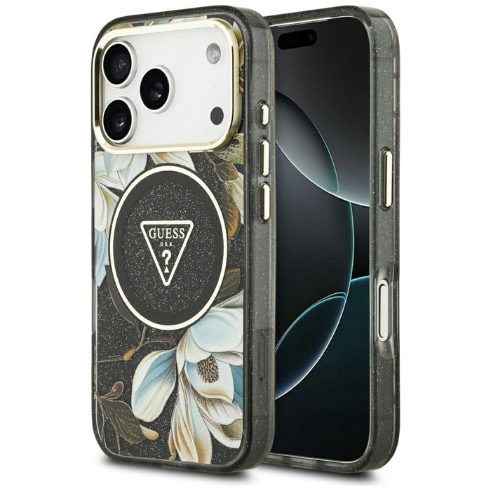 Guess IML Glitter Flowers Triangle MagSafe case for iPhone 17 Pro - black