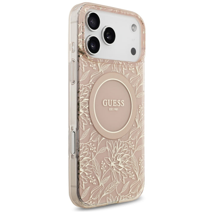 Guess IML Flowers Electro Pearl Strap MagSafe Case for iPhone 17 Pro Max - Pink