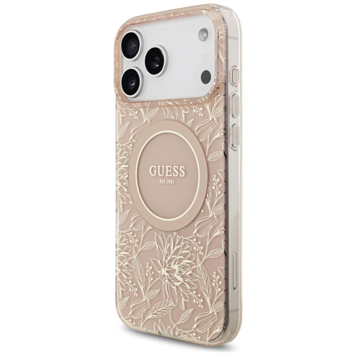 Guess IML Flowers Electro Pearl Strap MagSafe Case for iPhone 17 Pro Max - Pink