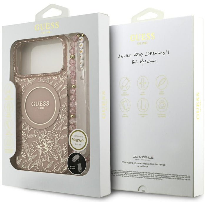Guess IML Flowers Electro Pearl Strap MagSafe Case for iPhone 17 Pro Max - Pink