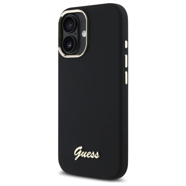Guess Silicone Script Metal Logo &amp; Frame Case for iPhone 16 Plus - Black
