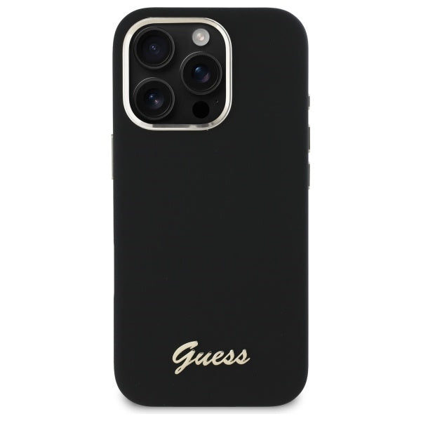 Guess Silicone Script Metal Logo &amp; Frame Case for iPhone 16 Pro Max - Black