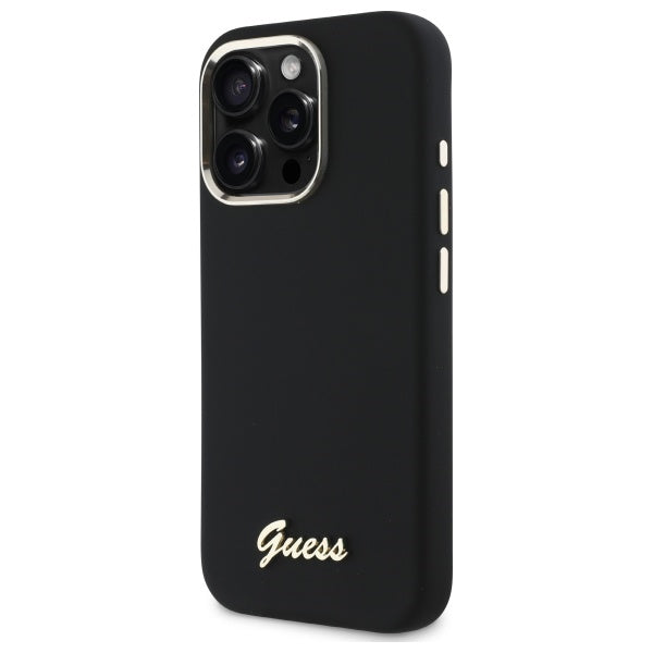 Guess Silicone Script Metal Logo &amp; Frame Case for iPhone 16 Pro Max - Black