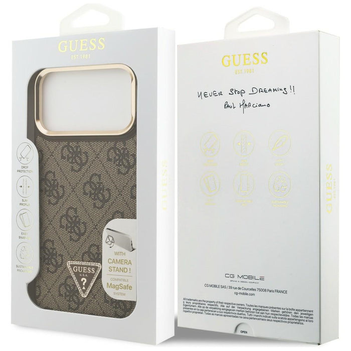 Guess 4G PU Triangle Logo &amp; Stand Camera Magsafe Case for iPhone 17 Pro Max - Brown