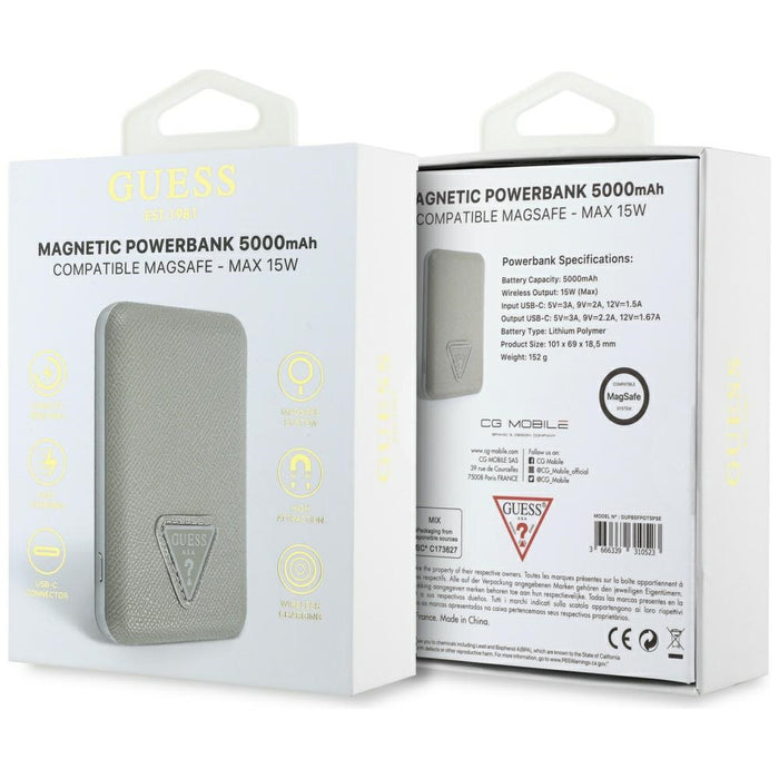 Guess Grained Triangle Power Bank with MagSafe 5000mAh 15W USB-C - Beige