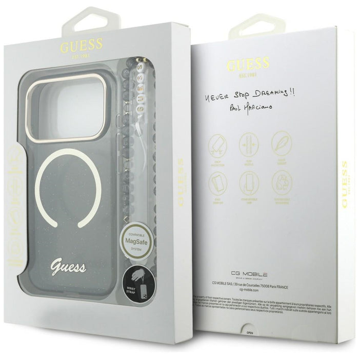 Guess IML Glitters Script Strap MagSafe Case for iPhone 17 Pro - Black