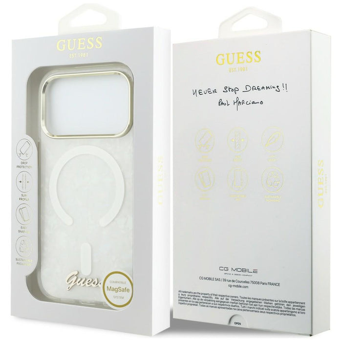 Guess IML Shell Script Metal MagSafe Case for iPhone 17 Pro Max - White