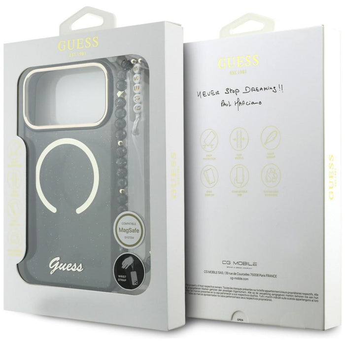 Guess IML Glitters Script Strap MagSafe case for iPhone 17 Pro Max - black