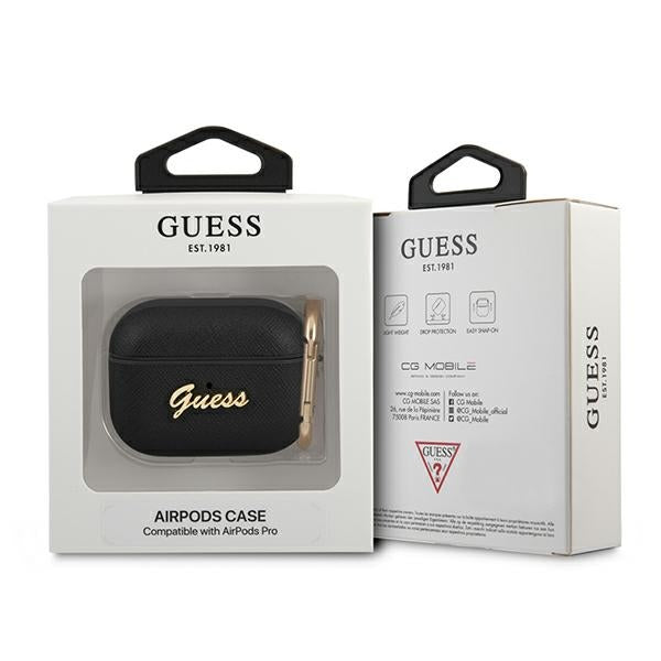 Guess GUAPSASMK AirPods Pro cover black/black Saffiano Script Metal Collection