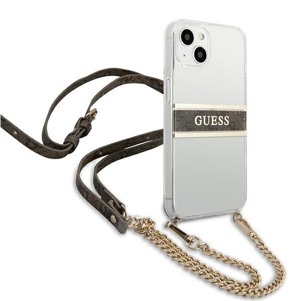 Guess GUHCP13SKC4GBGO iPhone 13 mini 5.4" Transparent hardcase 4G Brown Strap Gold Chain