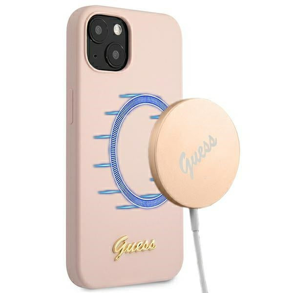 Guess GUHMP13MLSLMGLP iPhone 13 6.1&quot; light pink/light pink hardcase Silicone Script Gold Logo Magsafe
