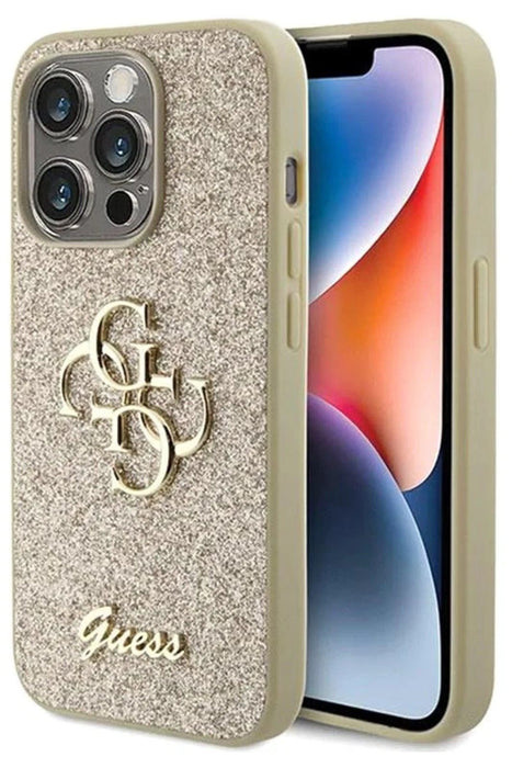 Guess Glitter Script Big 4G iPhone 15 Pro Case - Gold