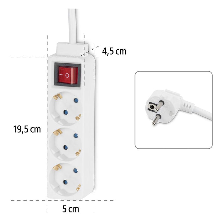 HAMA 3-socket power strip, 1.4m, white with on/off button.