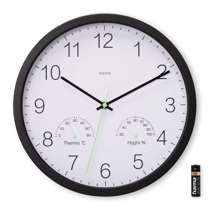 HAMA Wall clock "Santorini", without ticking, Thermo/hygrometer, Ø 30cm, black