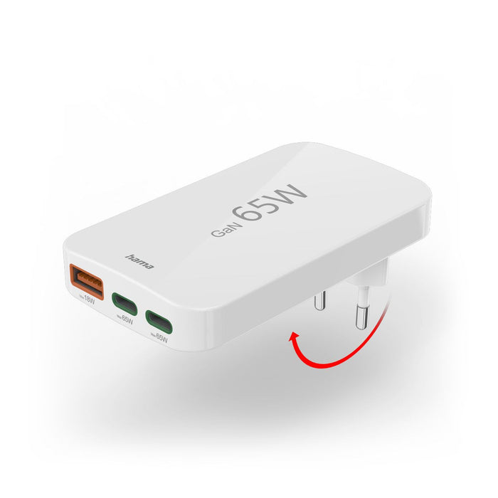 Hama GaN Charger 65W 2x USB-C 1x USB-A Foldable - White