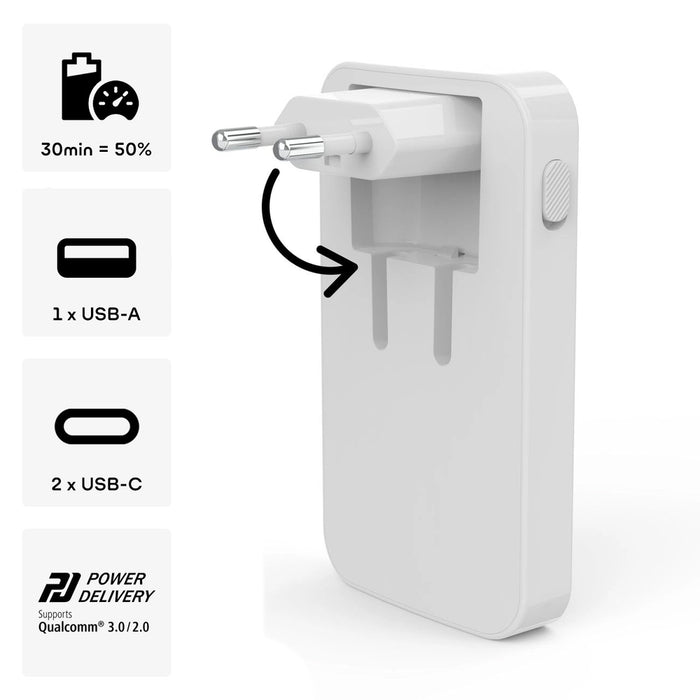 Hama GaN Charger 65W 2x USB-C 1x USB-A Foldable - White
